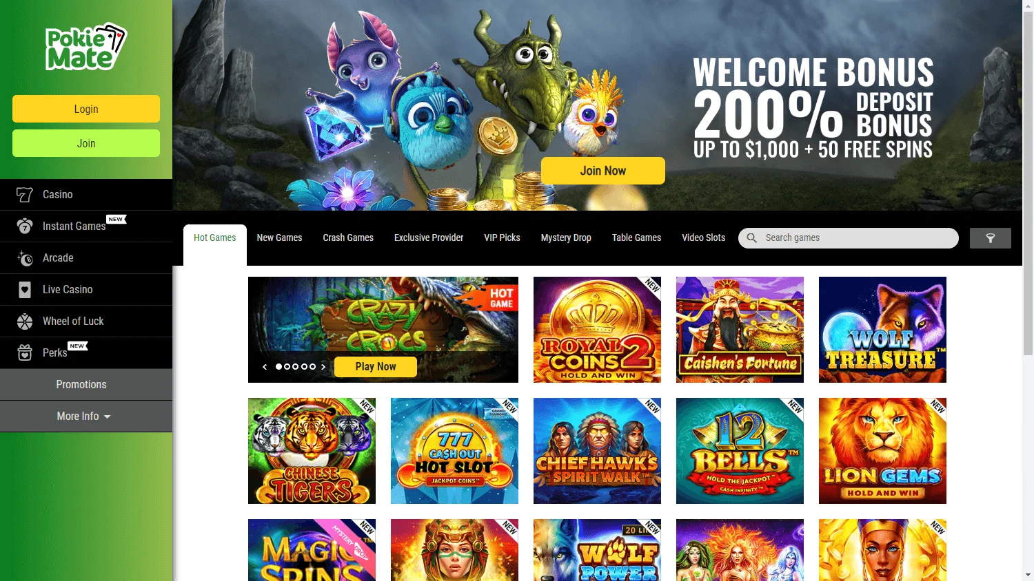 Pokie Mate Casino desktop home screen with casino games and live casino options