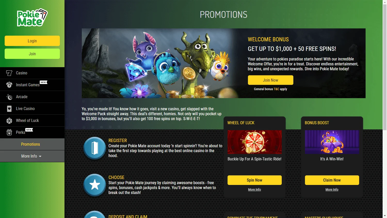 Pokie Mate Casino desktop promotions area with deposit bonuses and free spins offers
